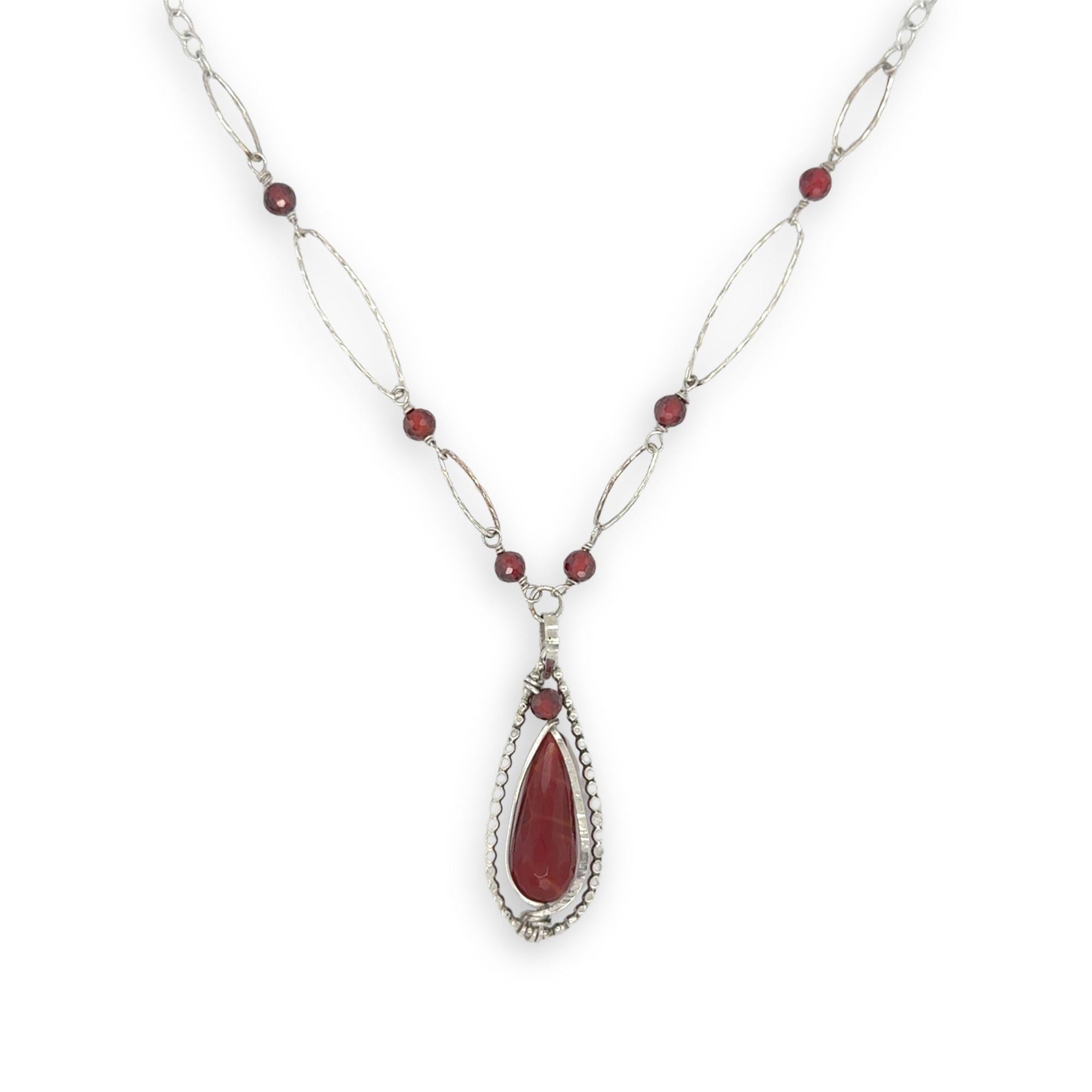 red fire agate drop gemstone held in sterling silver dot wire teardrop pendant necklace with cubic zirconia and sparkly sterling link accents