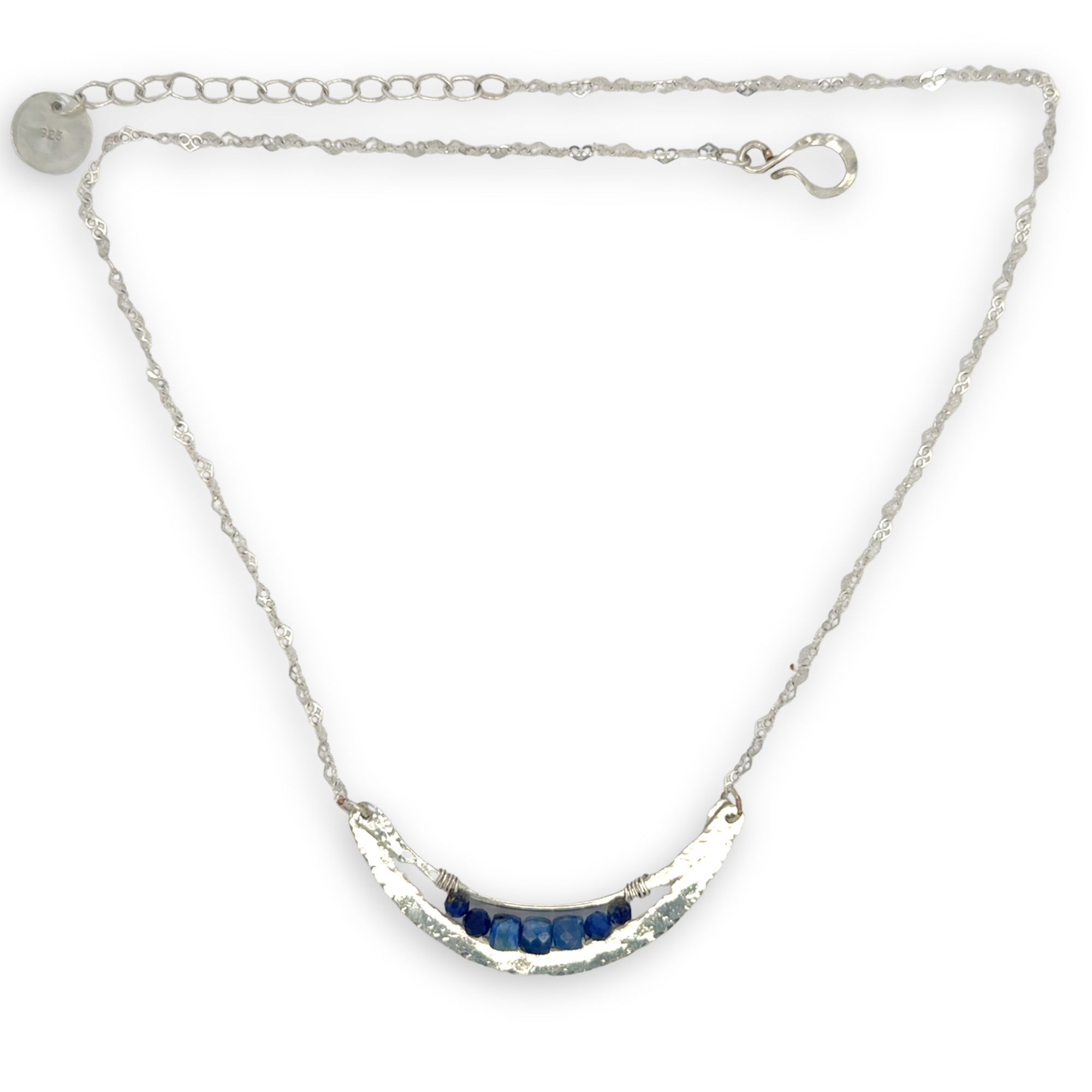 Silver necklace with a crescent moon-shaped pendant featuring blue kyanite cubes and lapis faceted gemstones on heart chain sterling silver chain necklace