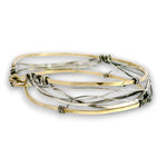 Handmade stamped brass skinny bracelet braided with oxidized sterling silver and gold filled wires