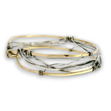 Handmade stamped brass skinny bracelet braided with oxidized sterling silver and gold filled wires