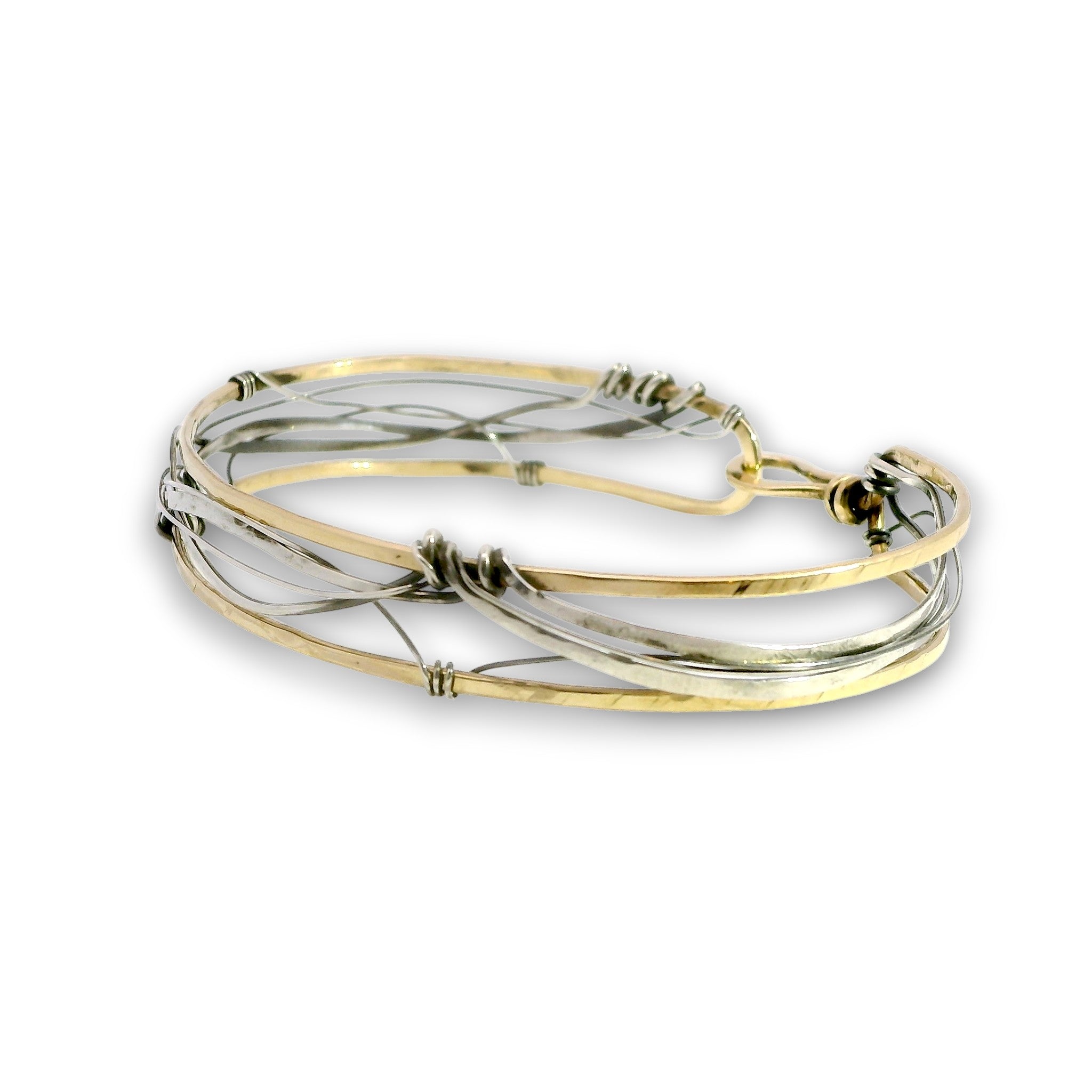 Handmade stamped brass skinny bracelet braided with oxidized sterling silver and gold filled wires