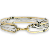 Handmade stamped brass skinny bracelet braided with oxidized sterling silver and gold filled wires