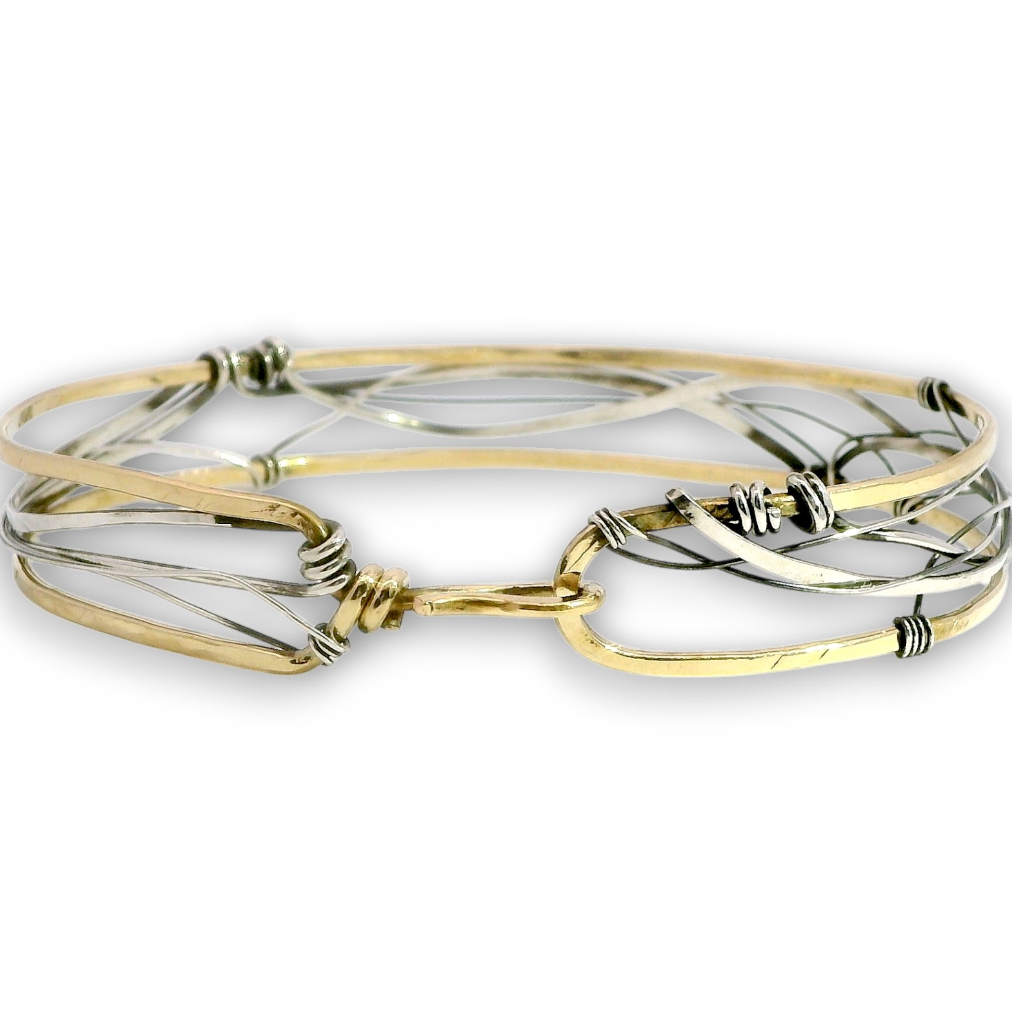 Handmade stamped brass skinny bracelet braided with oxidized sterling silver and gold filled wires