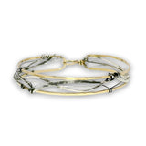 Handmade stamped brass skinny bracelet braided with oxidized sterling silver and gold filled wires