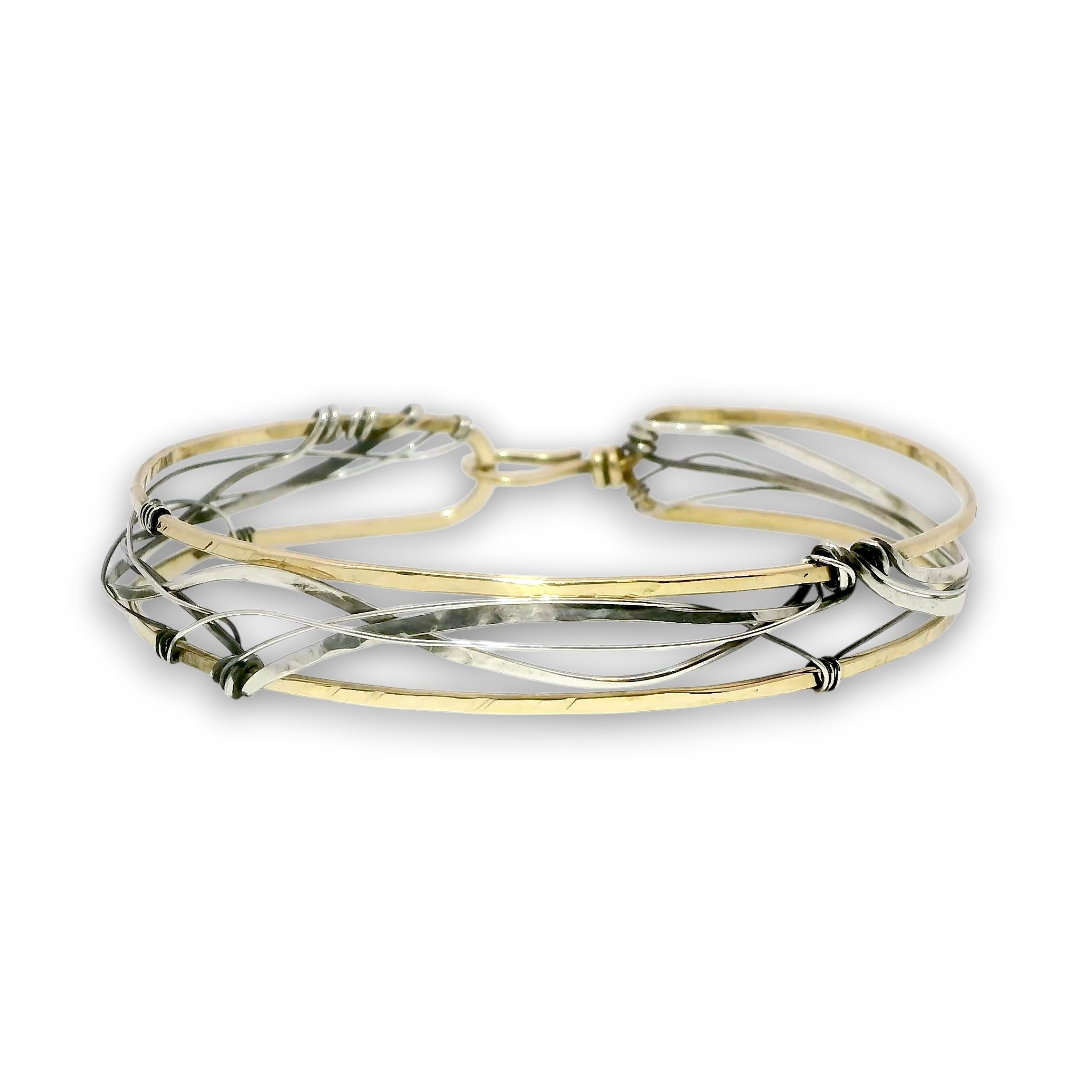 Handmade stamped brass skinny bracelet braided with oxidized sterling silver and gold filled wires
