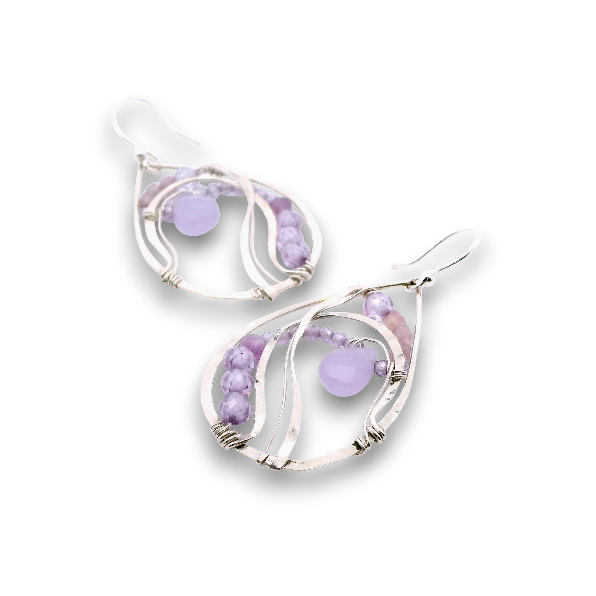 Sterling silver drop earrings with purple lavender jade drop and lavender cubic zirconia gemstones