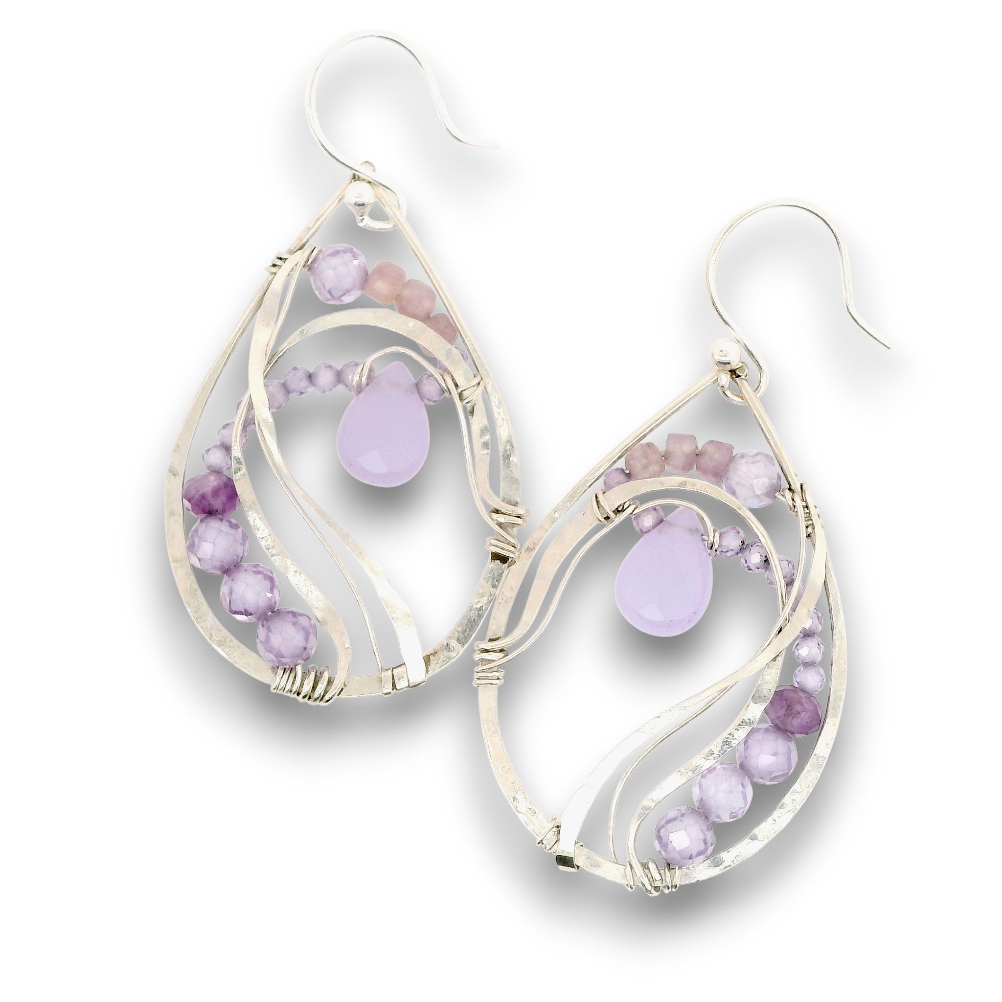 Sterling silver drop earrings with purple lavender jade drop and lavender cubic zirconia gemstones