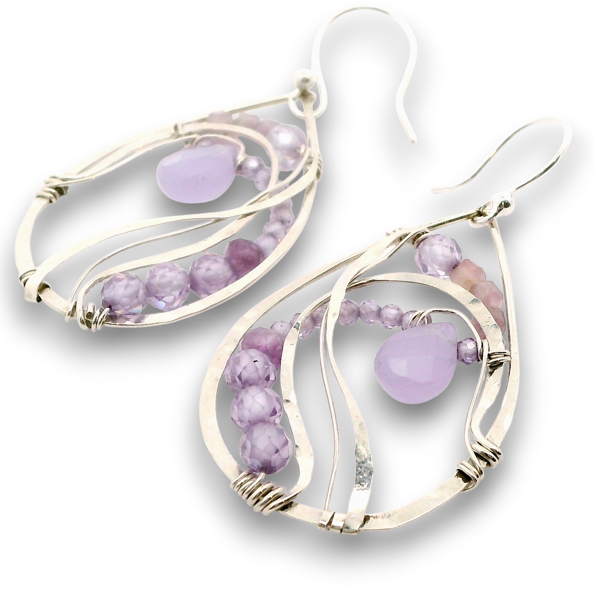 Sterling silver drop earrings with purple lavender jade drop and lavender cubic zirconia gemstones