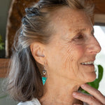 A pair of mini darkened diamonds with fresh water pearls with oxidized sterling silver dot chain holding a  a bright turquoise triangular gemstone earring