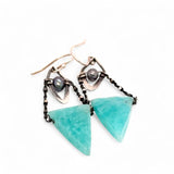 A pair of mini darkened diamonds with fresh water pearls with oxidized sterling silver dot chain holding a  a bright turquoise triangular gemstone earring