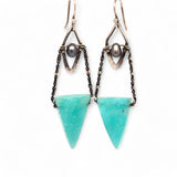 A pair of mini darkened diamonds with fresh water pearls with oxidized sterling silver dot chain holding a  a bright turquoise triangular gemstone earring