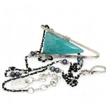 Amazonite faceted point inside a hammered sterling silver pointed pendant necklace on oxidized sterling dot chain with purple fresh water pearl accents