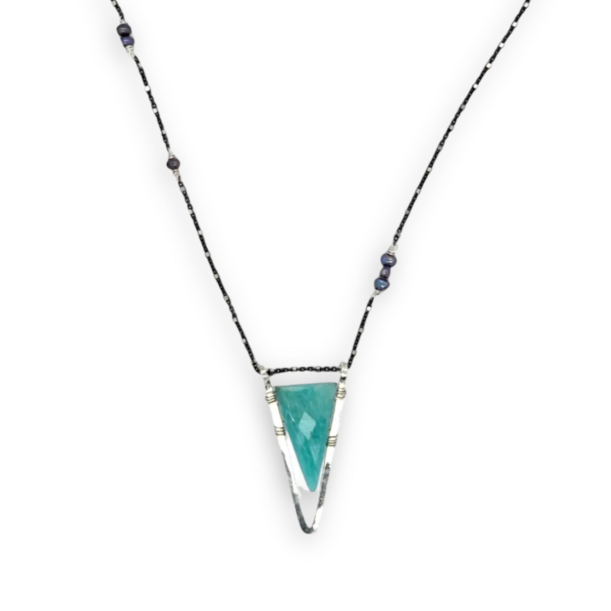 Amazonite faceted point inside a hammered sterling silver pointed pendant necklace on oxidized sterling dot chain with purple fresh water pearl accents