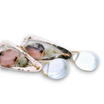 Sterling silver triangle earrings with smooth pink opal and chrysoprase cube gemstones with a blue quartz smooth teardrop dangle on built in gold filled earring hooks and gold filled link accents