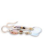 Sterling silver triangle earrings with smooth pink opal and chrysoprase cube gemstones with a blue quartz smooth teardrop dangle on built in gold filled earring hooks and gold filled link accents