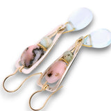 Sterling silver triangle earrings with smooth pink opal and chrysoprase cube gemstones with a blue quartz smooth teardrop dangle on built in gold filled earring hooks and gold filled link accents