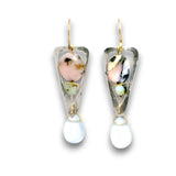 Sterling silver triangle earrings with smooth pink opal and chrysoprase cube gemstones with a blue quartz smooth teardrop dangle on built in gold filled earring hooks and gold filled link accents