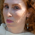 Sterling silver marquise shaped earrings with blue agate, amazonite, and apatite gemstones, featuring a disco ball design.