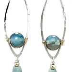 Sterling silver marquise shaped earrings with blue agate, amazonite, and apatite gemstones, featuring a disco ball design.