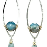 Sterling silver marquise shaped earrings with blue agate, amazonite, and apatite gemstones, featuring a disco ball design.