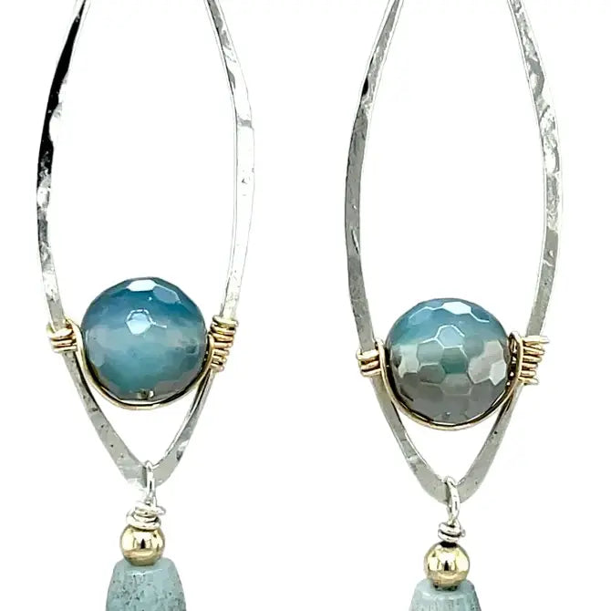 Sterling silver marquise shaped earrings with blue agate, amazonite, and apatite gemstones, featuring a disco ball design.