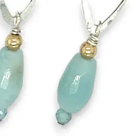 Sterling silver marquise shaped earrings with blue agate, amazonite, and apatite gemstones, featuring a disco ball design.