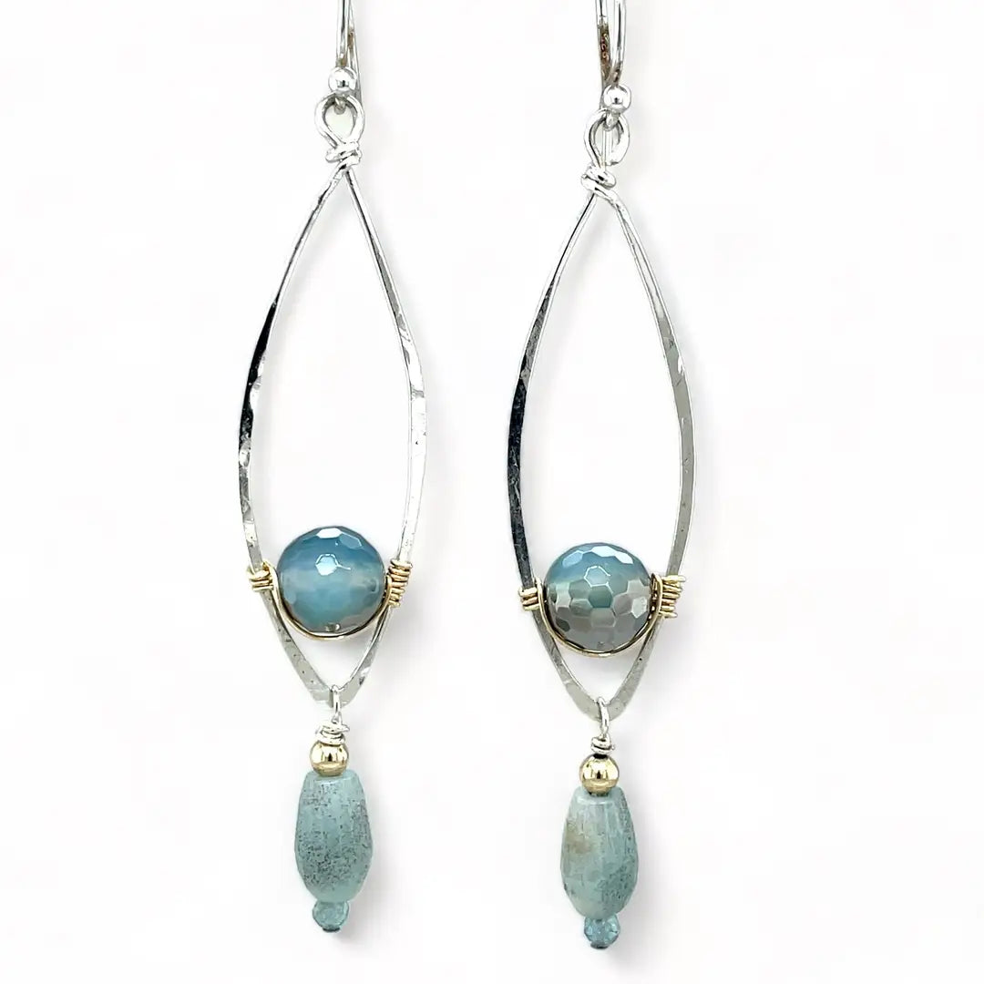 Sterling silver marquise shaped earrings with blue agate, amazonite, and apatite gemstones, featuring a disco ball design.
