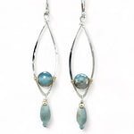 Sterling silver marquise shaped earrings with blue agate, amazonite, and apatite gemstones, featuring a disco ball design.
