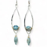 Sterling silver marquise shaped earrings with blue agate, amazonite, and apatite gemstones, featuring a disco ball design.