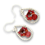 sterling silver mini dot drop earrings with garnet cubes, sunstone, and raspberry quartz gemstones