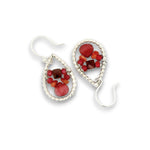 sterling silver mini dot drop earrings with garnet cubes, sunstone, and raspberry quartz gemstones