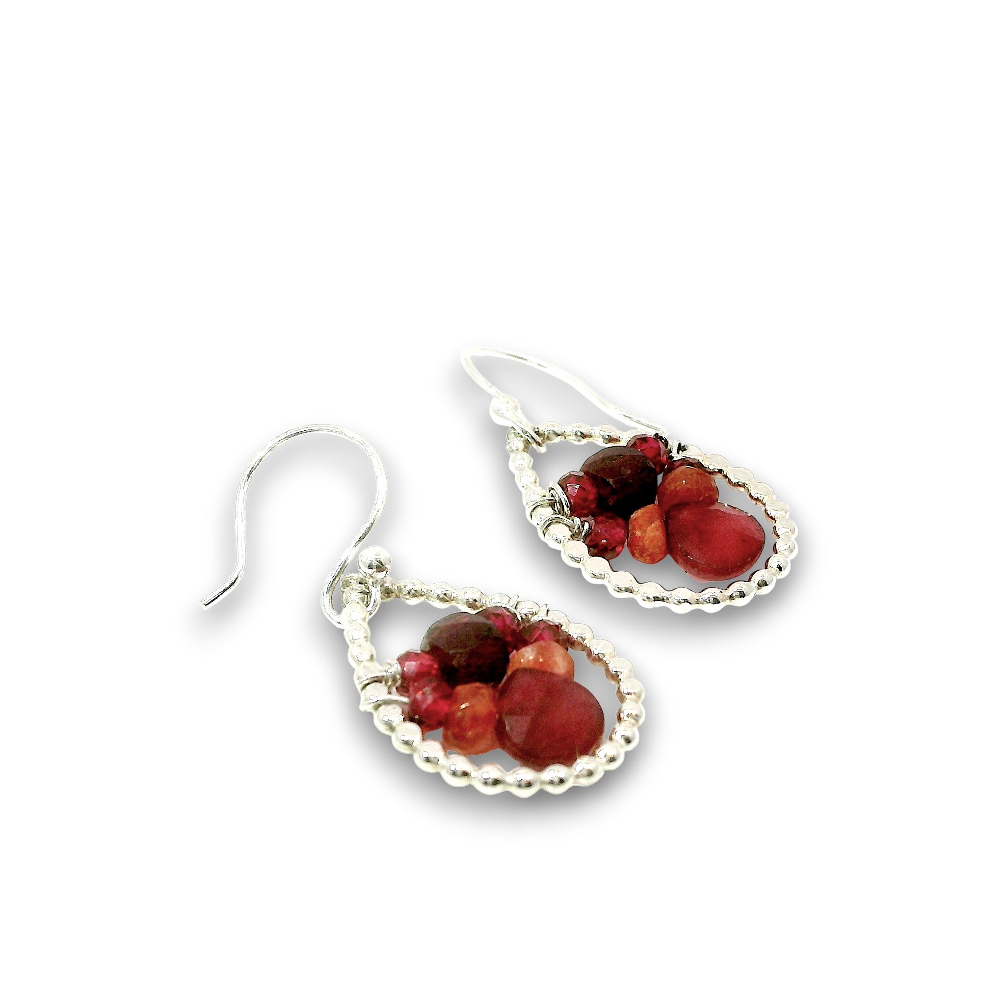 sterling silver mini dot drop earrings with garnet cubes, sunstone, and raspberry quartz gemstones
