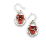 sterling silver mini dot drop earrings with garnet cubes, sunstone, and raspberry quartz gemstones