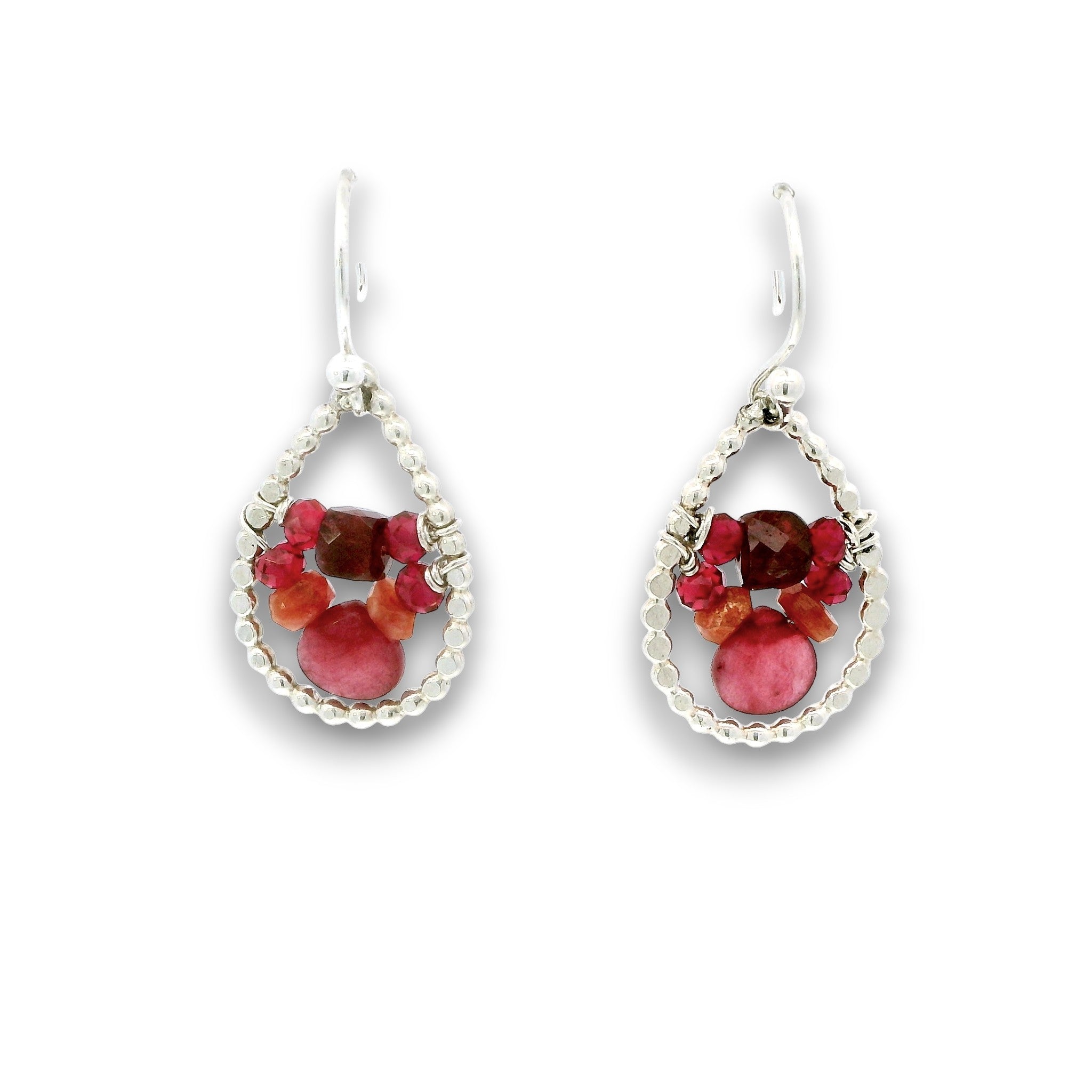 sterling silver mini dot drop earrings with garnet cubes, sunstone, and raspberry quartz gemstones