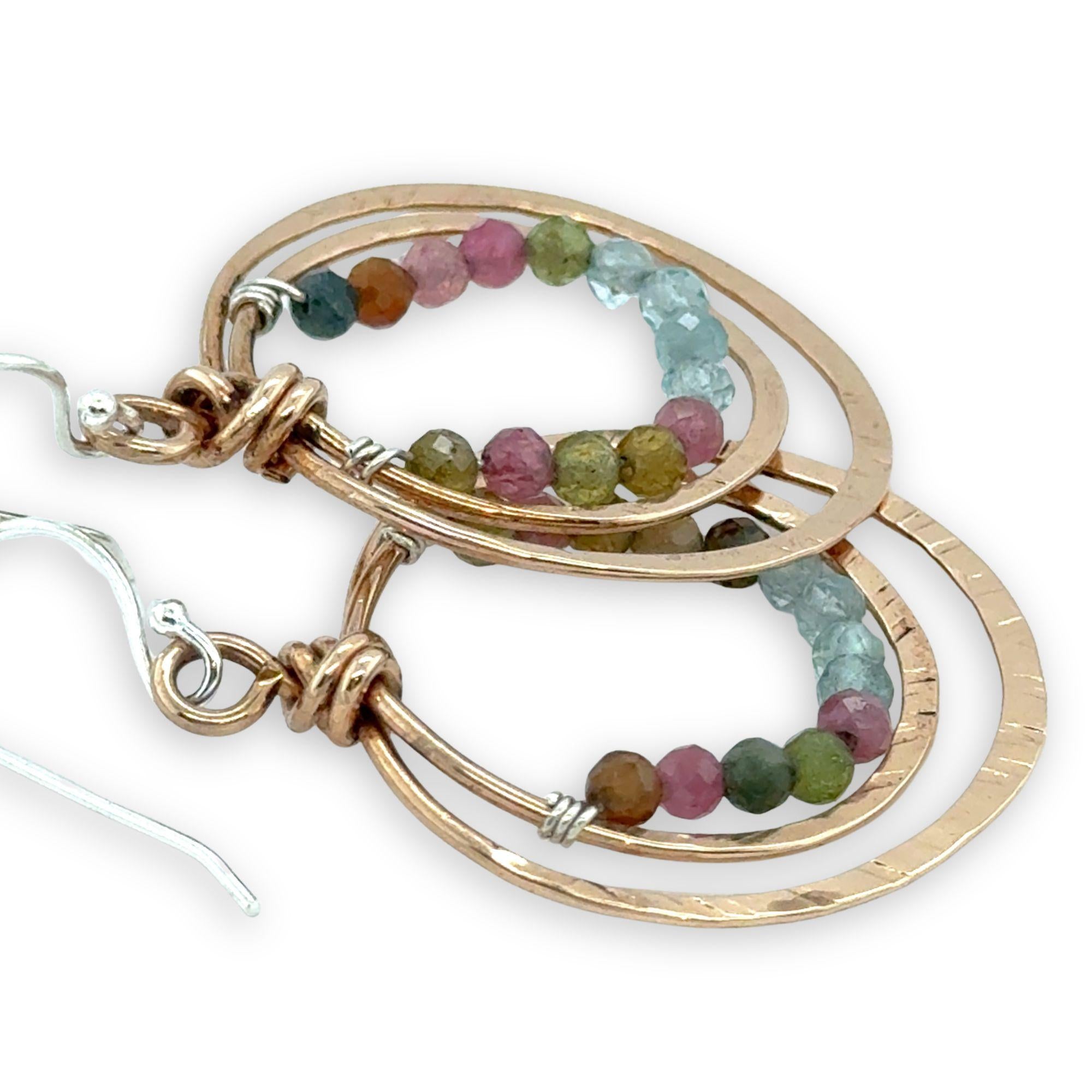 Handmade stamped double bronze mini hoop with apatite and tourmaline faceted gemstones