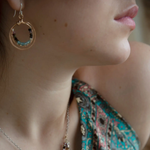 Handmade stamped double bronze mini hoop with apatite and tourmaline faceted gemstones