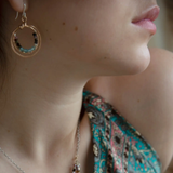 Handmade stamped double bronze mini hoop with apatite and tourmaline faceted gemstones