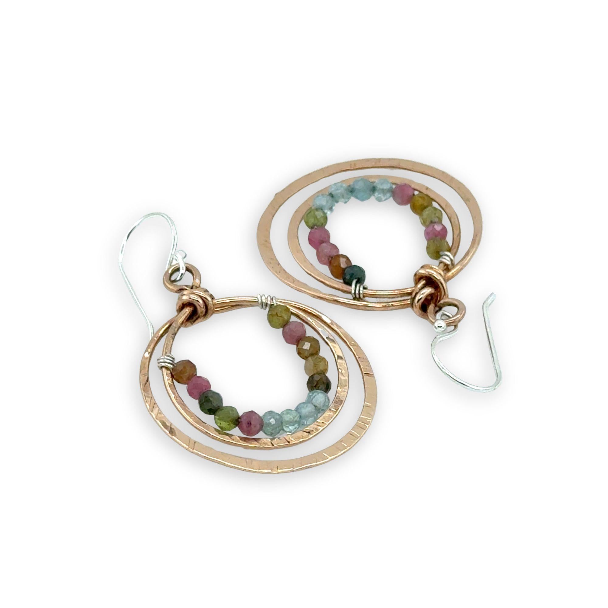 Handmade stamped double bronze mini hoop with apatite and tourmaline faceted gemstones