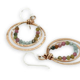 Handmade stamped double bronze mini hoop with apatite and tourmaline faceted gemstones