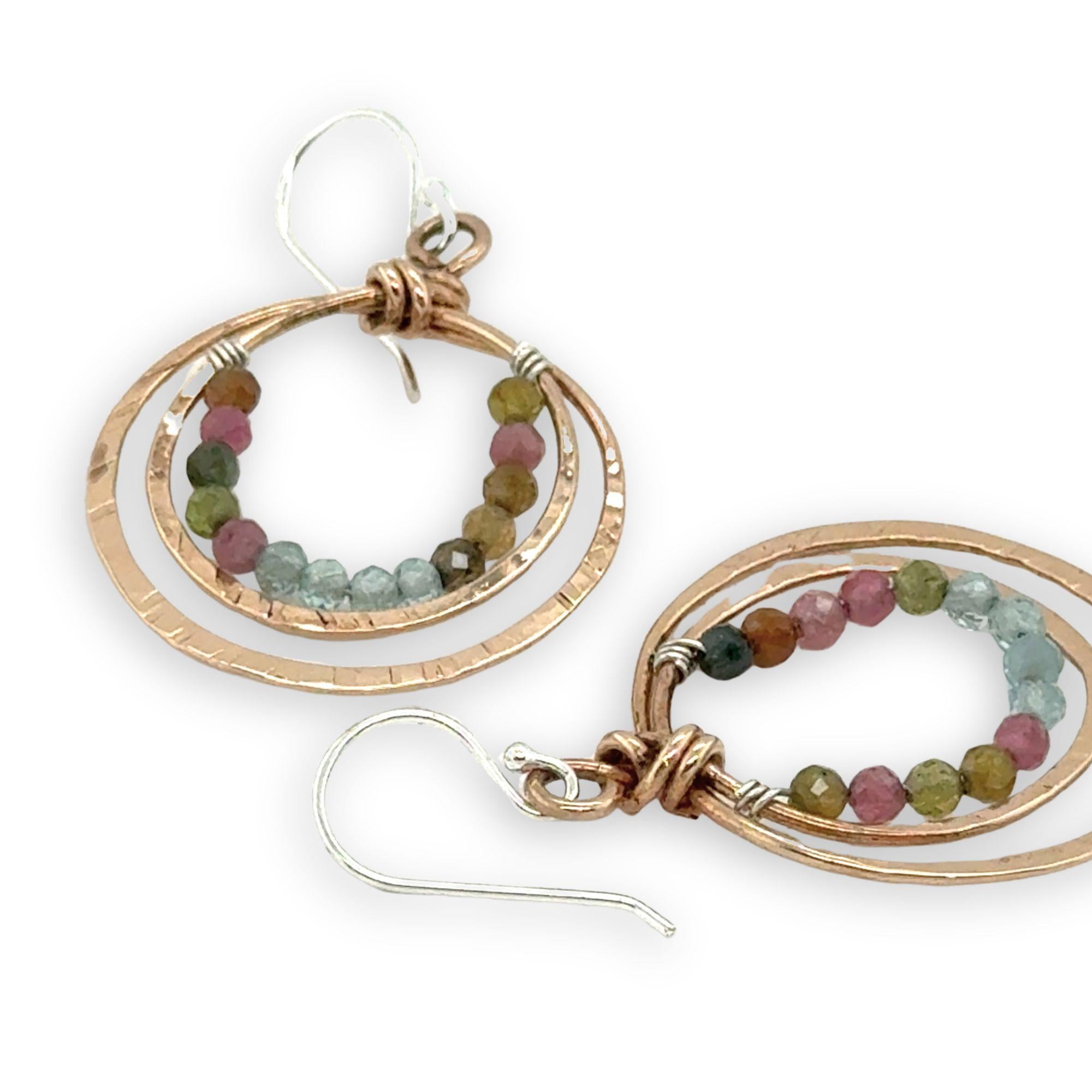 Handmade stamped double bronze mini hoop with apatite and tourmaline faceted gemstones