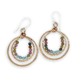 Handmade stamped double bronze mini hoop with apatite and tourmaline faceted gemstones