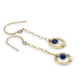 mini hammered and tree stamped brass rings hanging from gold filled delicate chain with a lapis coin dangle earring