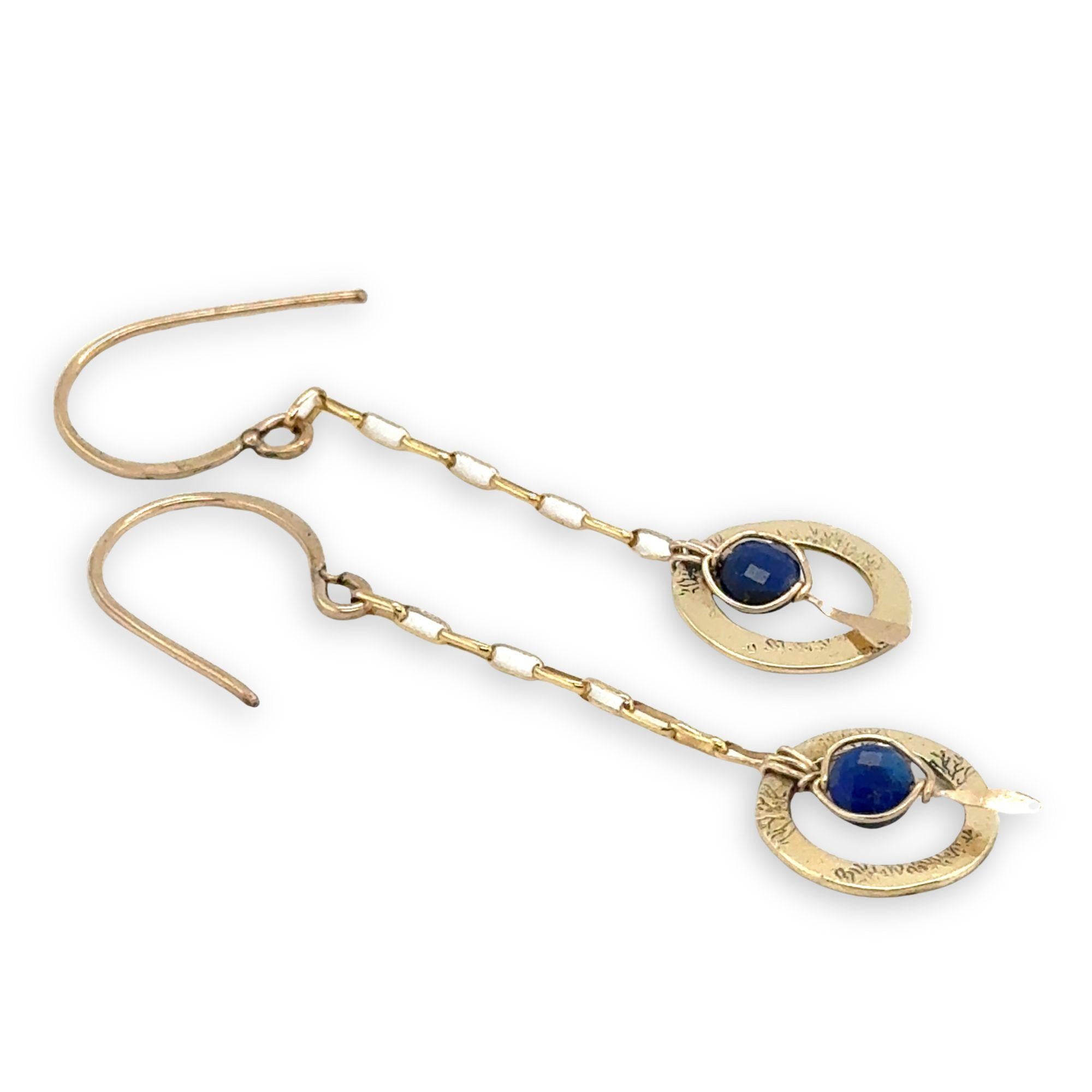 mini hammered and tree stamped brass rings hanging from gold filled delicate chain with a lapis coin dangle earring