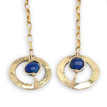 mini hammered and tree stamped brass rings hanging from gold filled delicate chain with a lapis coin dangle earring