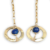 mini hammered and tree stamped brass rings hanging from gold filled delicate chain with a lapis coin dangle earring