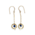 mini hammered and tree stamped brass rings hanging from gold filled delicate chain with a lapis coin dangle earring