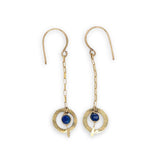 mini hammered and tree stamped brass rings hanging from gold filled delicate chain with a lapis coin dangle earring