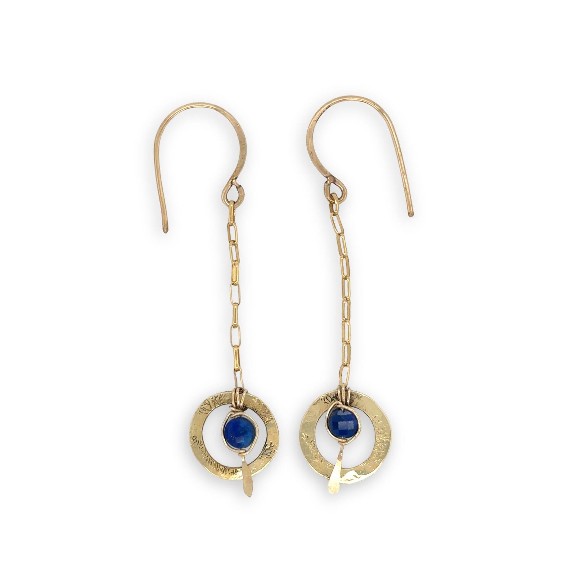 mini hammered and tree stamped brass rings hanging from gold filled delicate chain with a lapis coin dangle earring