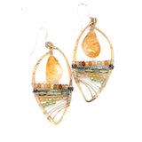 Smooth citrine nuggets hang above layers of green and orange crystal and luminescent citrine gemstones within a handmade hammered brass drop earrings