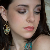 Smooth citrine nuggets hang above layers of green and orange crystal and luminescent citrine gemstones within a handmade hammered brass drop earrings